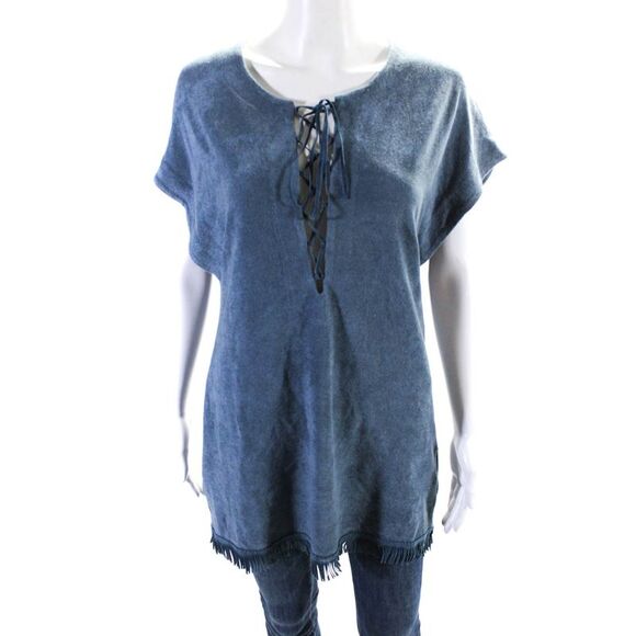 Pluto Women's Round Neck Sleeveless Fringe Lace Up Blouse Blue Size 36 - Picture 1 of 6